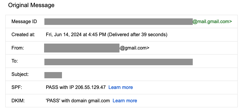 Screenshot of Gmail’s “Original message” summary showing SPF and DKIM passing and aligned with gmail.com, which was the source of the original message