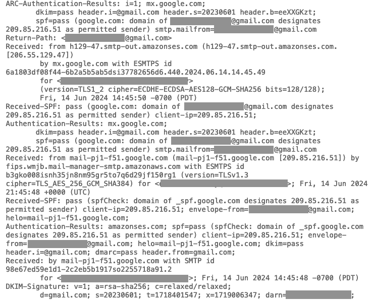 Screenshot of the Gmail ‘Show original“ message headers. The Mail From address (also appears as the Return-path header, and envelope-from value in other headers) is preserved within the @gmail.com domain, and Gmail’s assessment of SPF correctly attributed the message as originating from 209.85.216.51 even though the message was relayed through 206.55.129.47. Since the 209.x.x.x address is in the SPF policy for gmail.com, the message passes SPF due to the allow-list configuration