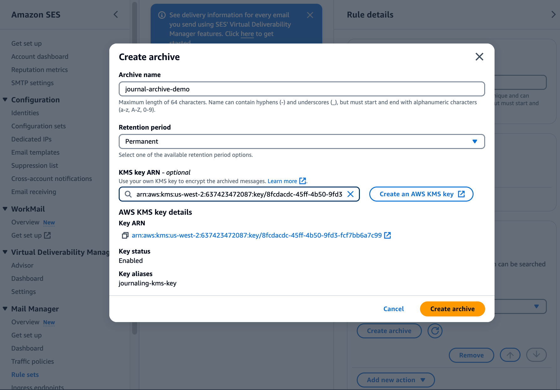 you can encrypt the archived messages with your own KMS key
