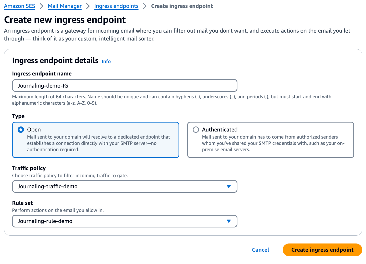 Create an Open Ingress endpoint called ‘Journaling-demo-IG’,
