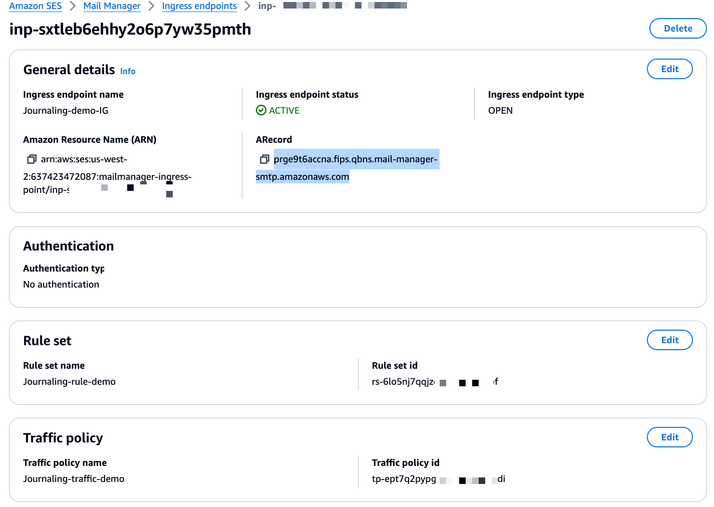 Mail Manager Ingress endpoint DNS A Record to be used in your DNS configurations