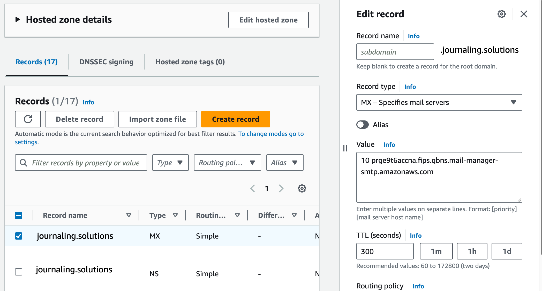 Using AWS Route53 to edit MX record for ‘journaling.solutions’ to Ingress endpoint A record