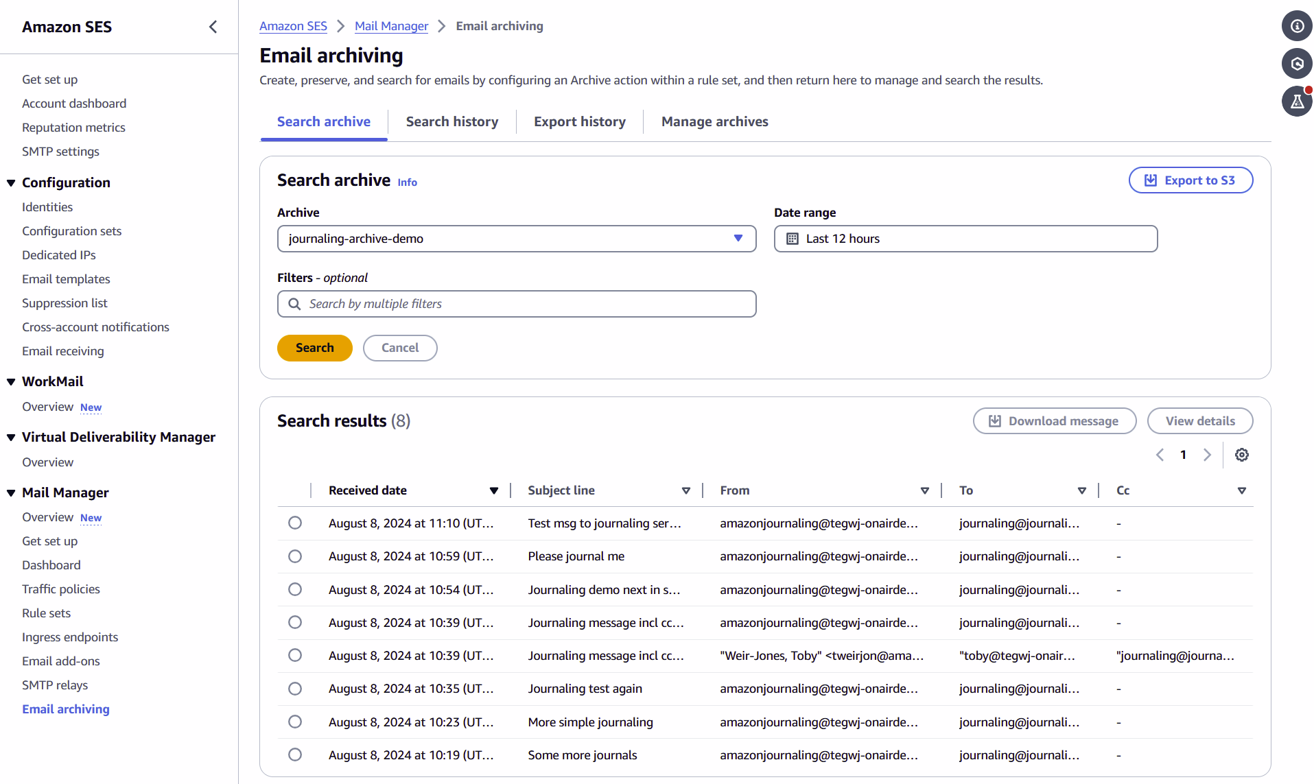 AWS Mail Manager console’s archiving controls