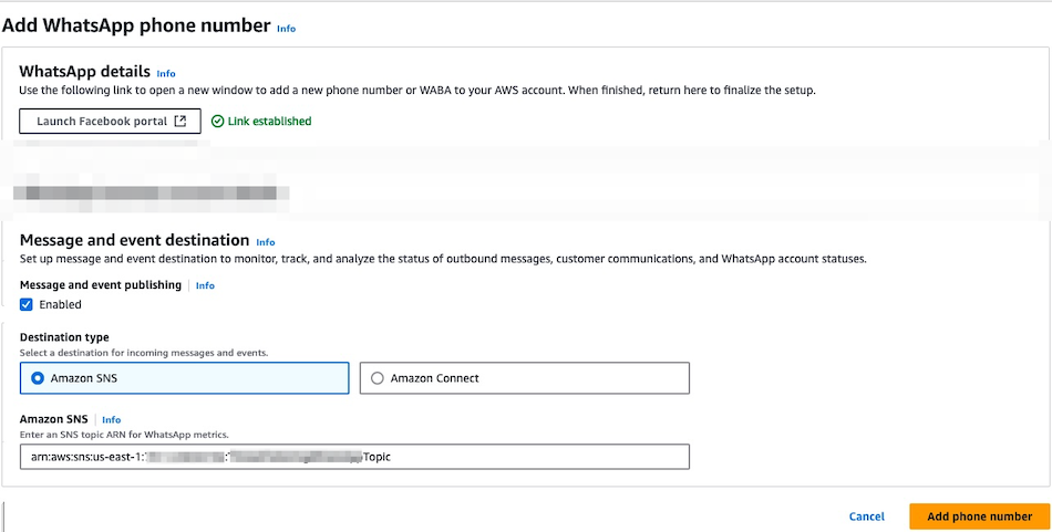 Screenshot of the AWS console that shows established connection between AWS and WABA account and the SNS topic