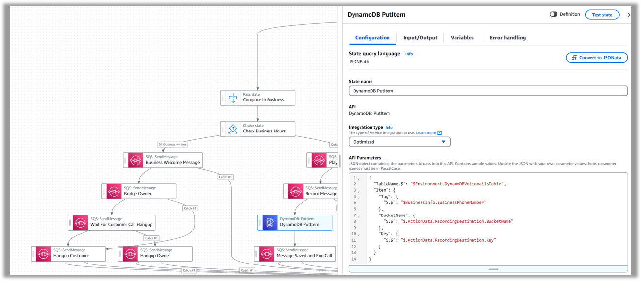 Figure 6 – Screenshot of Step Functions Workflow Studio showing a DynamoDB PutItem state configuration. The interface displays fields for setting up direct interaction with DynamoDB to store S3 recording file information. The configuration panel includes input parameters for the DynamoDB table, item details, and S3 bucket and key values.