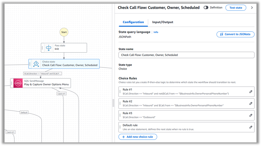 Figure 4 – Screenshot of Workflow Studio's Choice state configuration panel. The interface shows a rules editor where multiple condition blocks are displayed. Each block contains dropdown menus and input fields for setting call routing logic based on variable values. The rules appear in a vertical list with options to add, edit, or remove conditions.