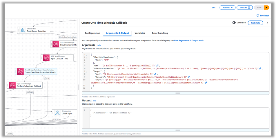 Figure 7 – Screenshot of Step Functions Workflow Studio showing JSONata expression configuration. The interface displays a code editor with syntax highlighting where time calculation expressions are written using JSONata functions like $fromMillis(), $millis(), and number(). The panel demonstrates how to transform data directly within the workflow, eliminating the need for separate Lambda functions. Example expressions show date and time calculations for EventBridge scheduling.