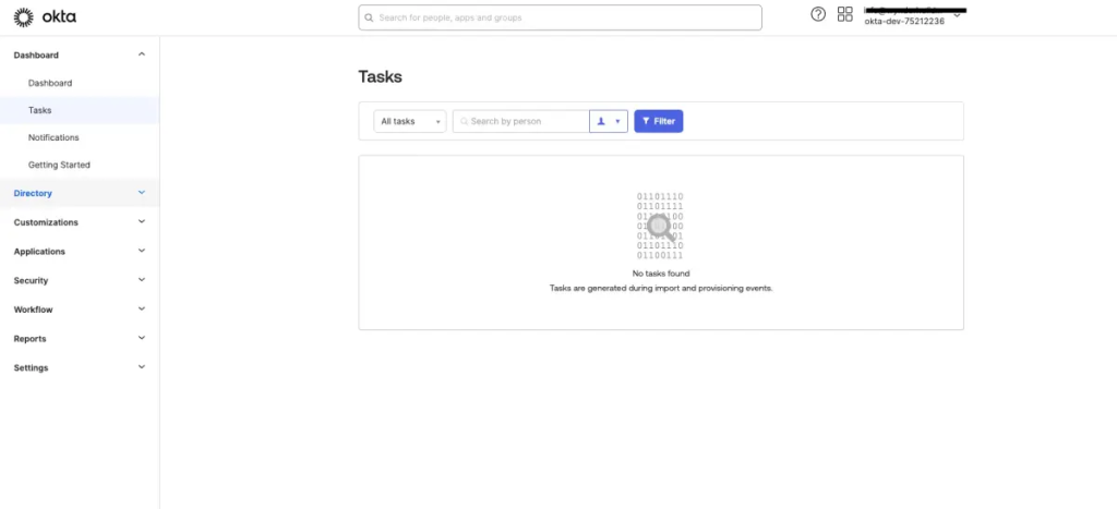 Okta admin landing page