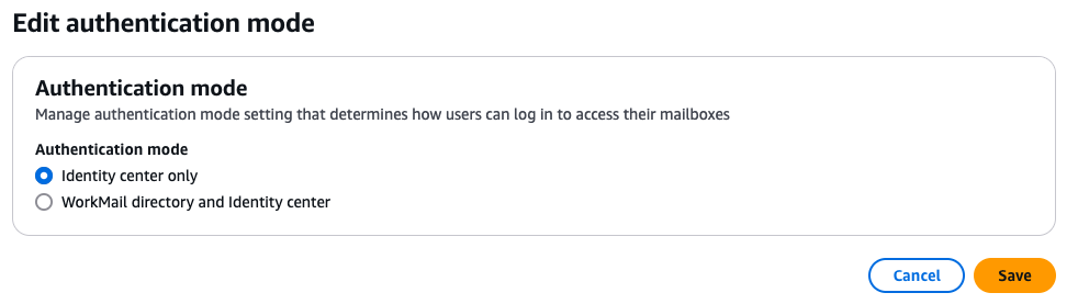 disable the WorkMail directory Authentication mode