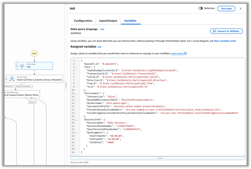 Figure 3 – Screenshot of Workflow Studio's Variables tab showing an editable text box for JSON data entry. The interface displays a code editor with syntax highlighting for entering variable names and their values that persist throughout the workflow execution.