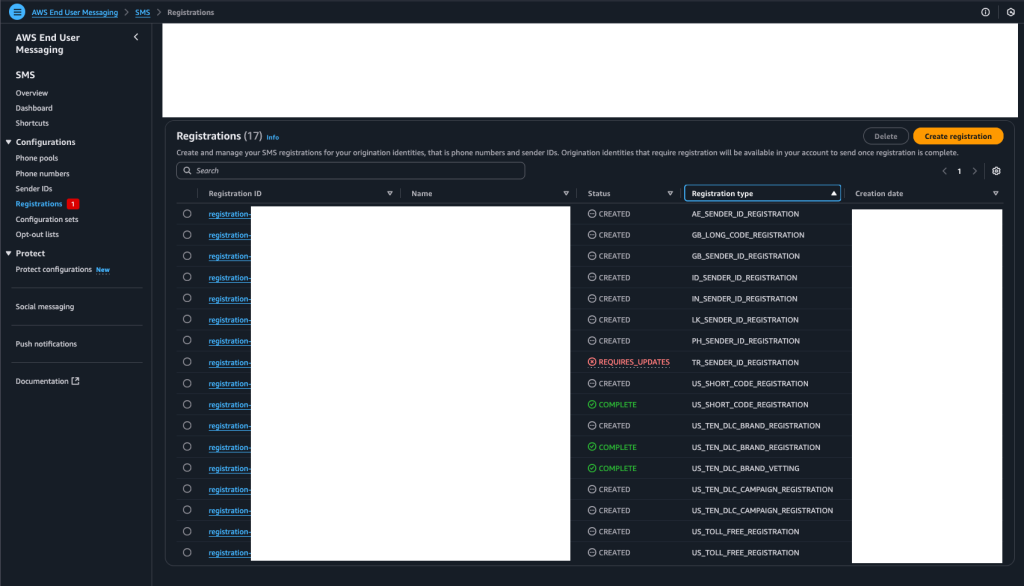 Figure 1: AWS End User Messaging SMS registrations in the console. This view shows registrations in various states that our Lambda function will monitor.