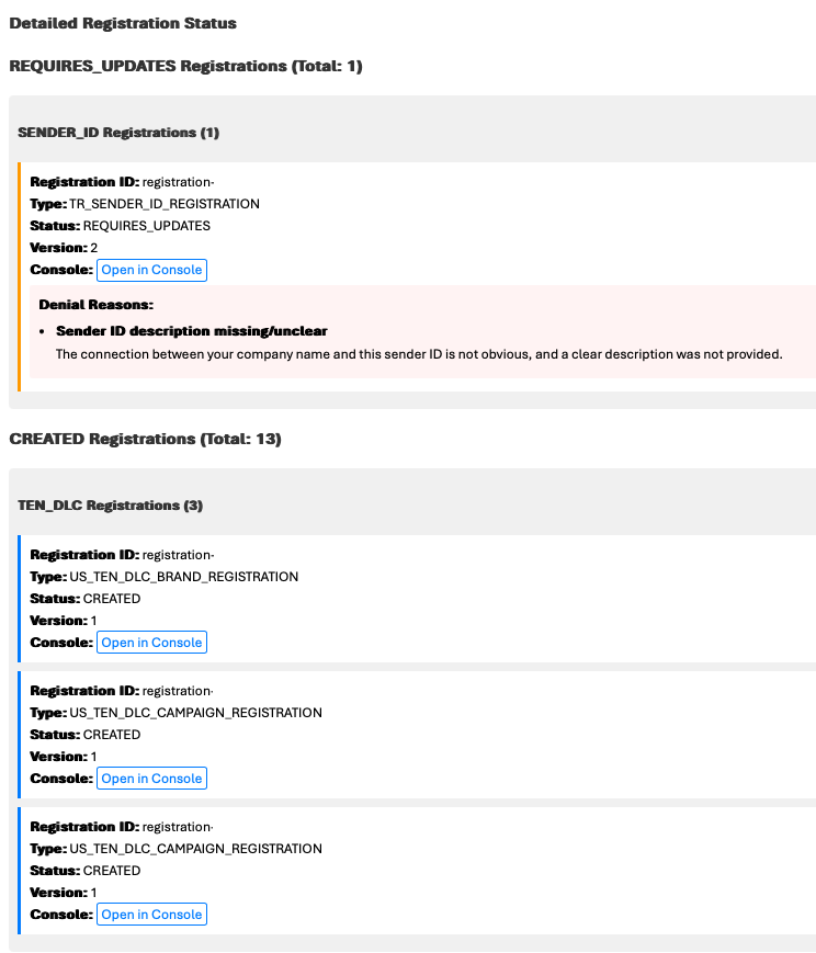 Detailed view of a registration requiring updates and created registrations pending submission, including specific denial reasons if applicable and direct console links.