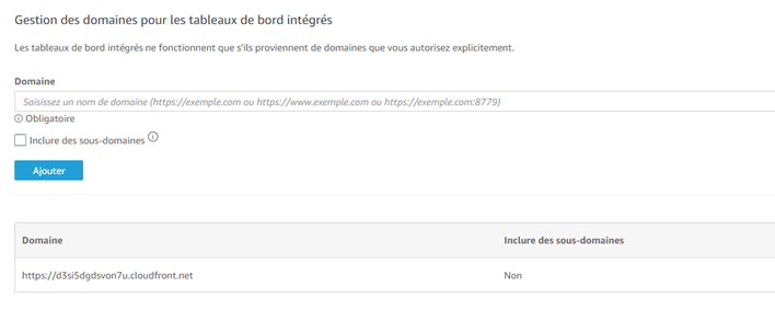 Intégrer des tableaux de bord QuickSight - Autorisation domaines