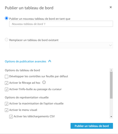 Intégrer des tableaux de board QuickSight - Publication