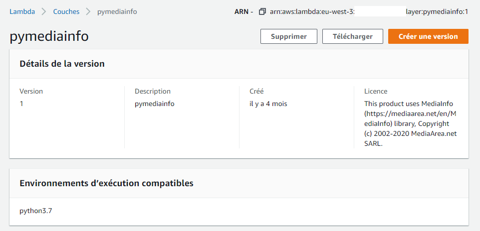AWS Console on MediaInfo Lambda Layer