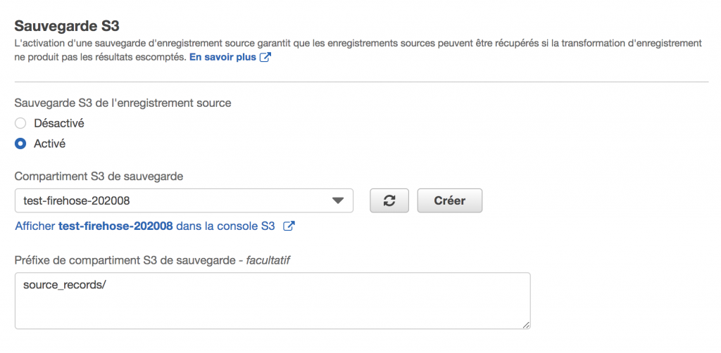 Amazon Kinesis Firehose - Choix Destination
