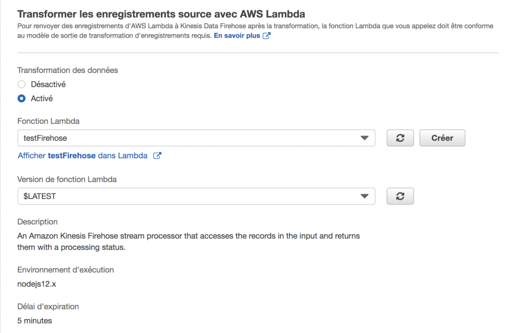 Amazon Kinesis Firehose - Choix Function Lambda