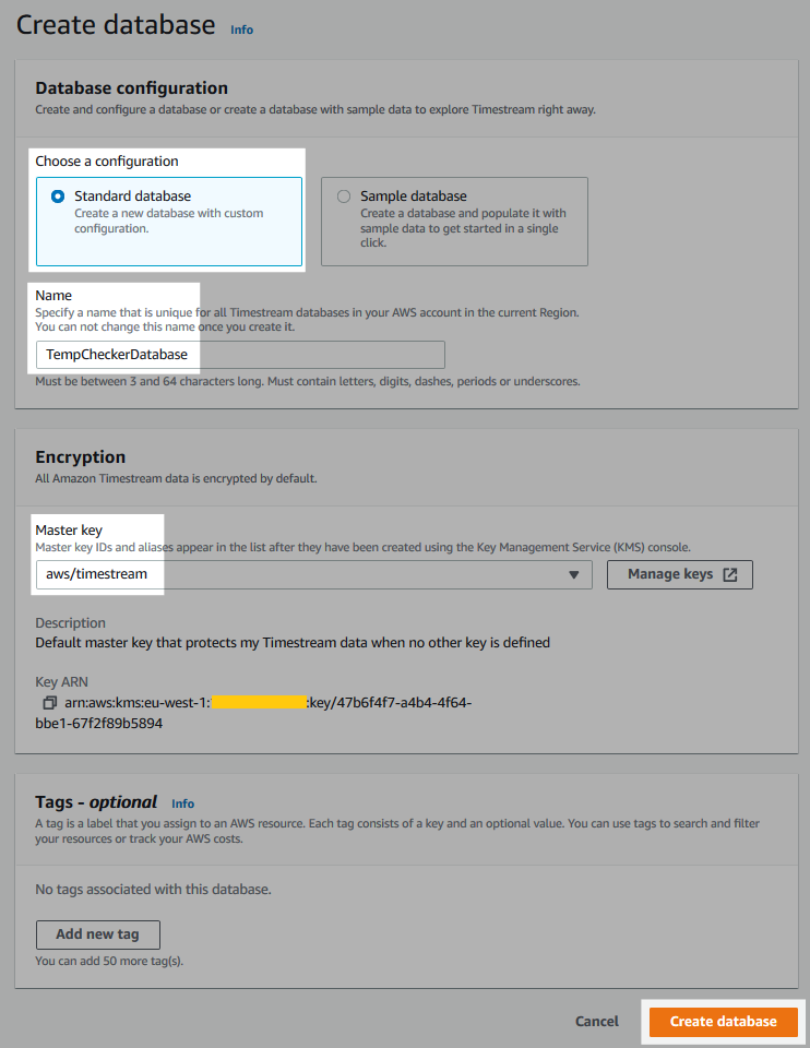 Capture d'écran du formulaire de création de la base de données.
