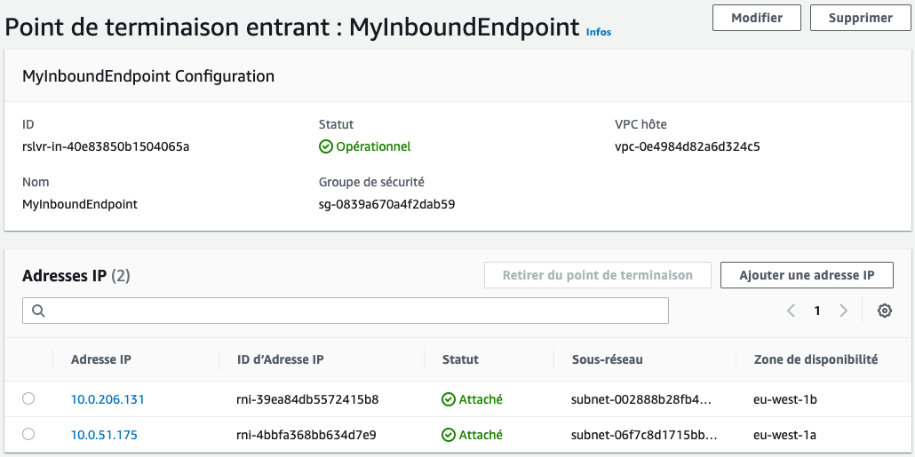 Adresses IP du résolveur Route 53.