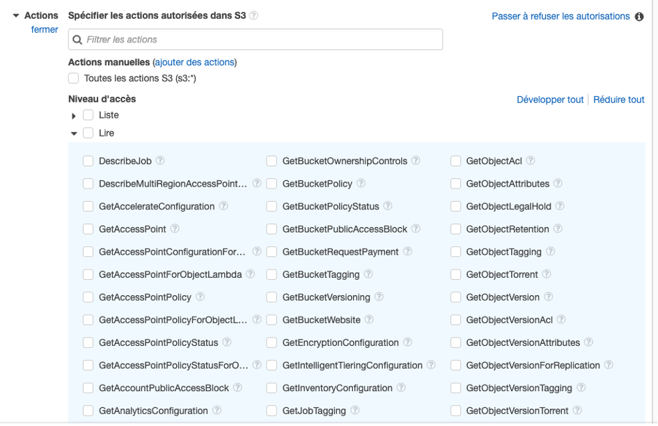 Figure 3: Actions de niveau d'accès en lecture pour le service Amazon S3.