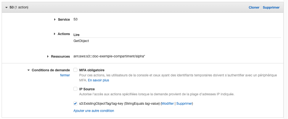 Figure 9 : Action S3 GetObject avec les ressources et les conditions configurées.