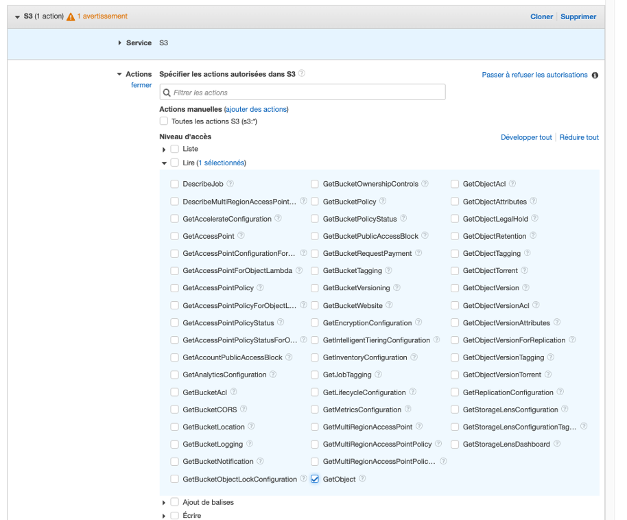 Figure 4: Développez « Lire » dans le niveau d'accès, sélectionnez « GetObject », puis sélectionnez le « ? » à côté de « GetObject ».