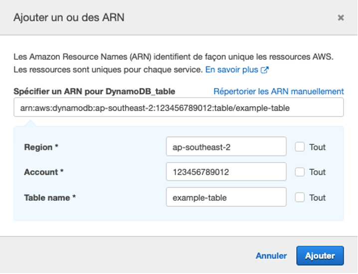 Figure 11 : Entrez le nom de la région, du compte et de la table.