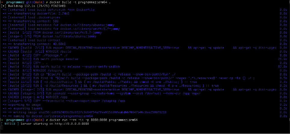 je teste l’application dans un conteneur en utilisant le fichier Dockerfile fournit par Vapor
