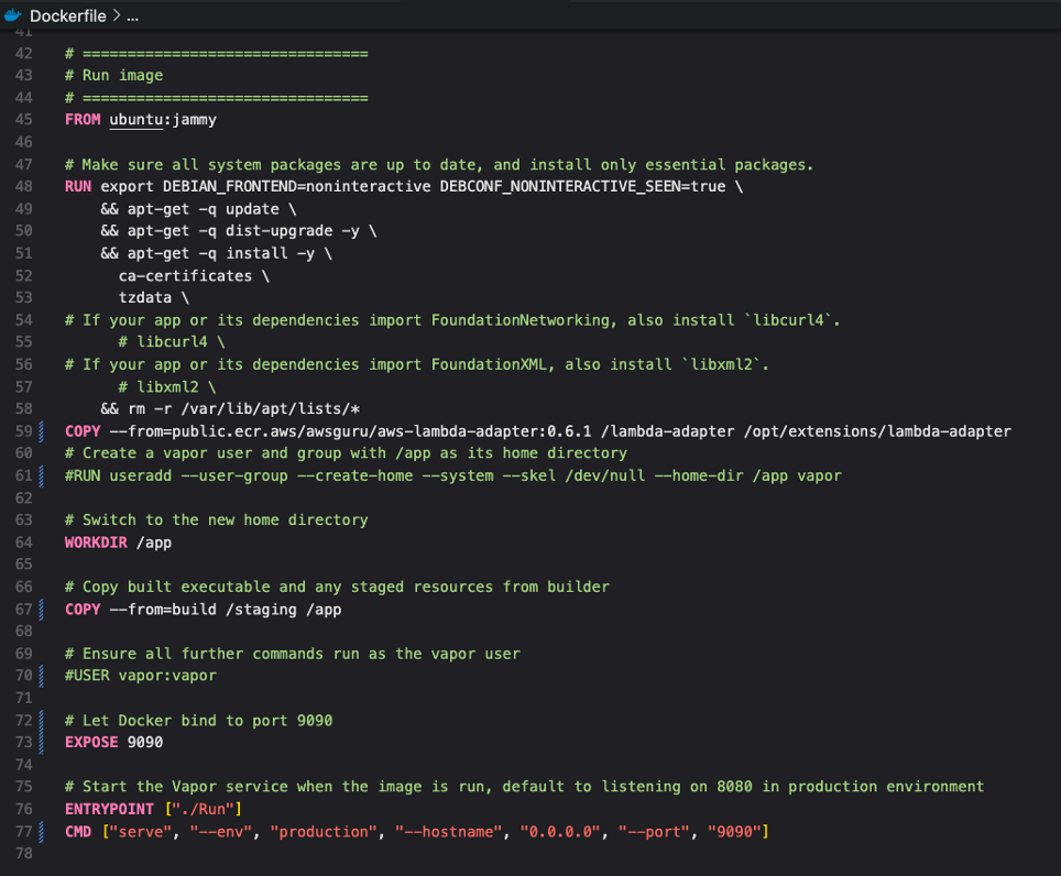 les modifications faites au Dockerfile de Vapor