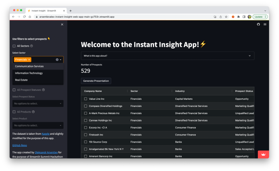 Exemple d’application Streamlit