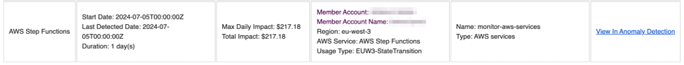 Extrait d’une notification de Cost Anomaly Detection qui a détecté une augmentation de couts de Step Functions (celle qui a ensuite basculée en Express, plus haut).