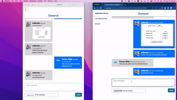 Dua aplikasi chat terpisah berdampingan, mengirim pesan