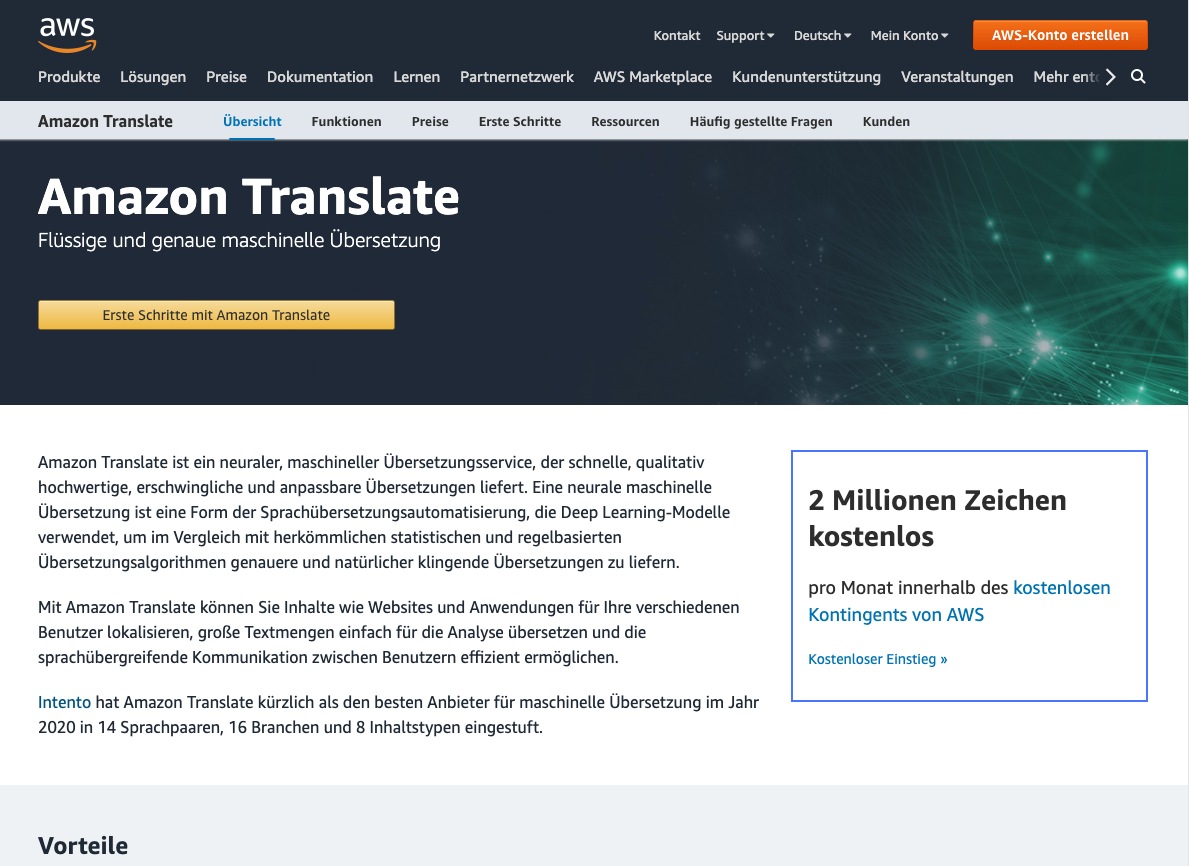Landing page Amazon Translate dalam bahasa Jerman