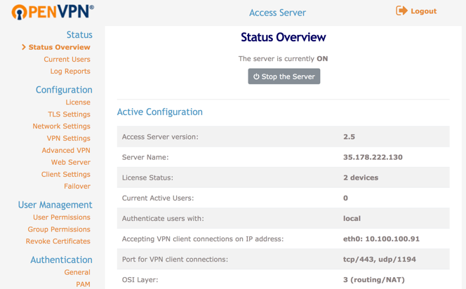OpenVPN status overview AWS Marketplace