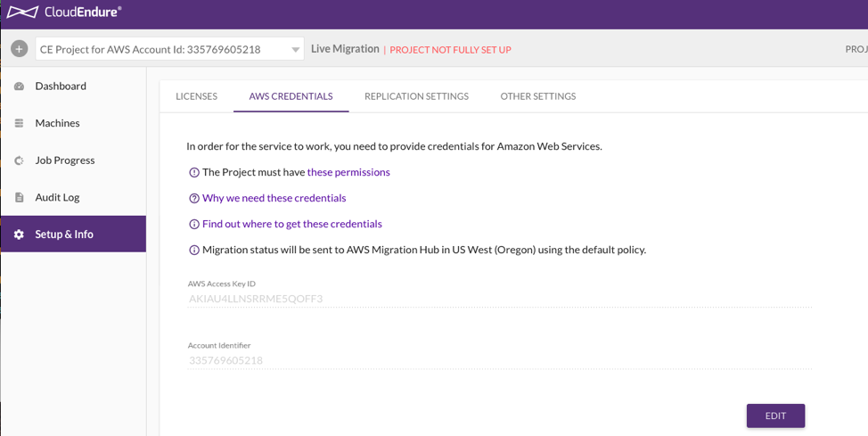 CloudEndure setup and info page