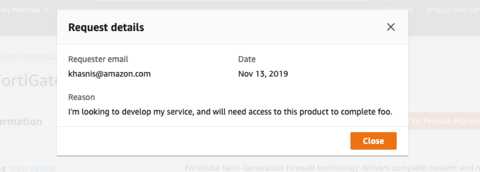 request details AWS Marketplace Private Marketplace