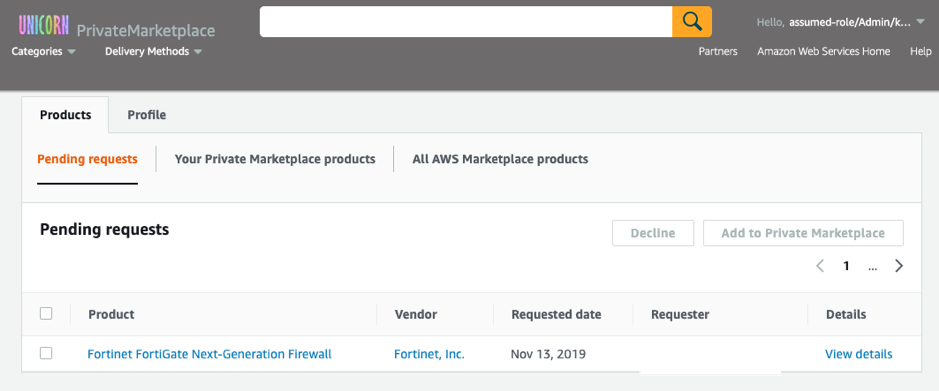 request status Private Marketplace AWS Marketplace