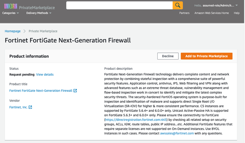 view details AWS Marketplace Private Marketplace