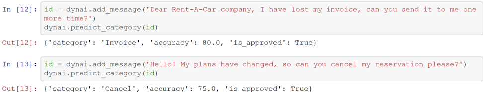 result of test message categorization