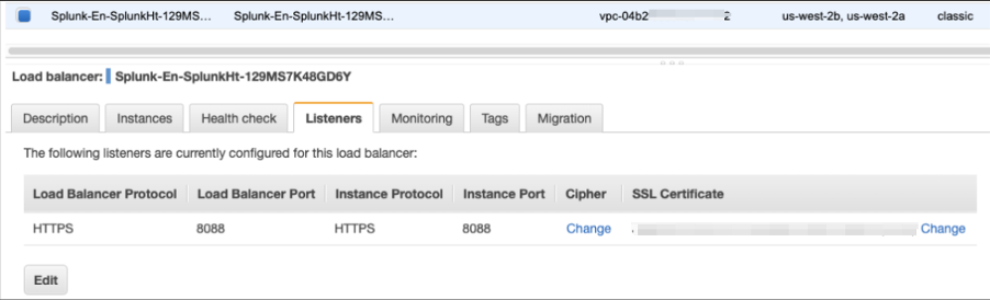 AWS Management Console listeners screenshot