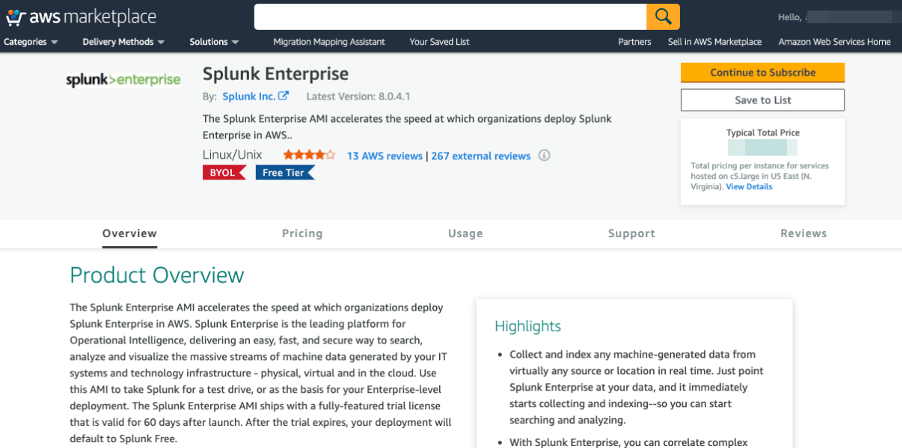 Splunk in AWS Marketplace screenshot