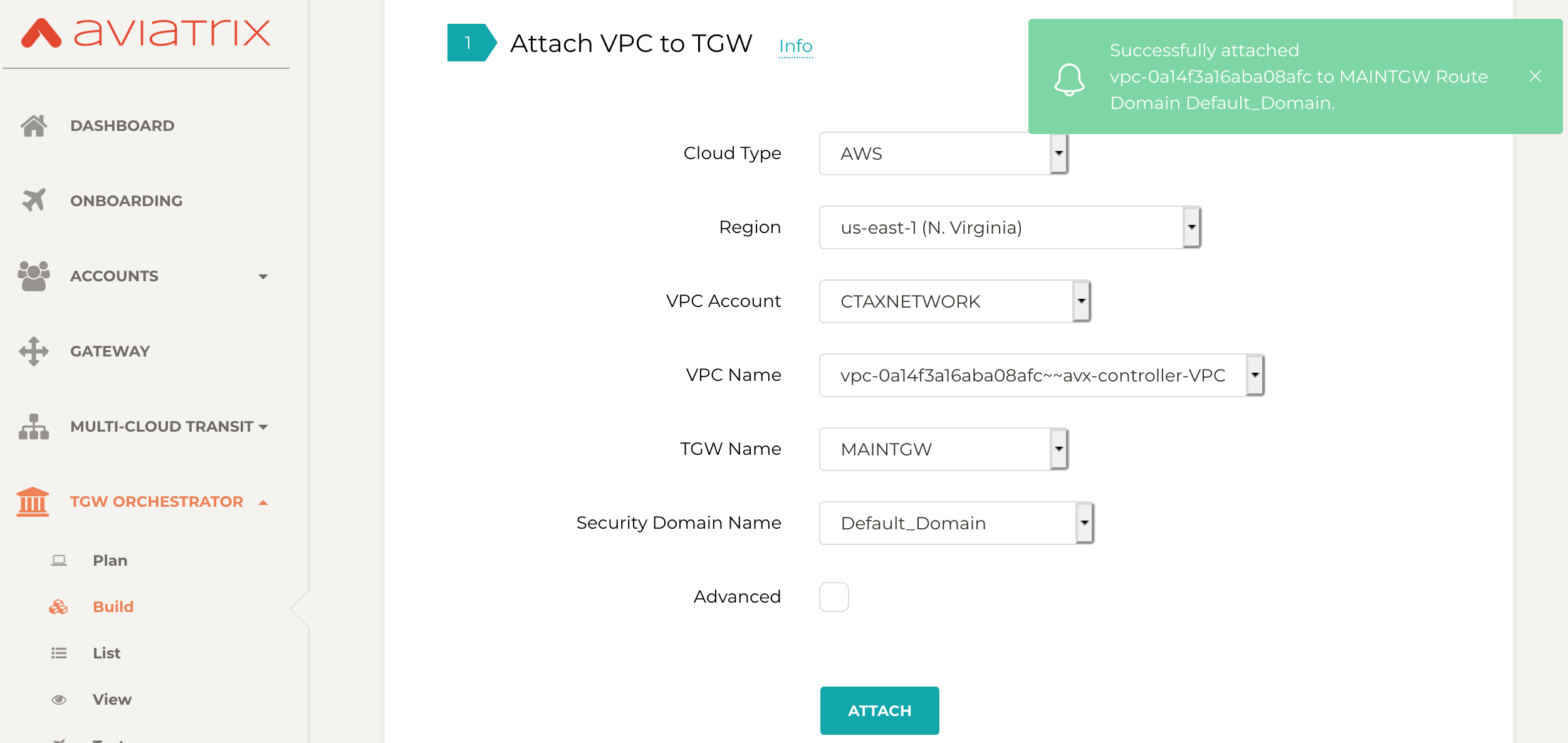 attach VPC to TGW Aviatrix