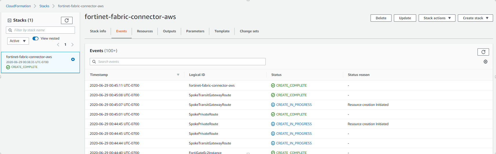 Fortinet stack creation progress screenshot