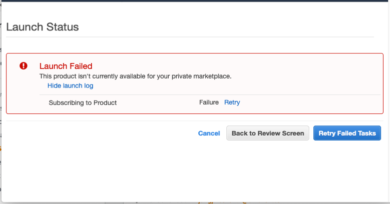 Screenshot of Error message: Launch Failed. This product isn’t currently available for your Private Marketplace