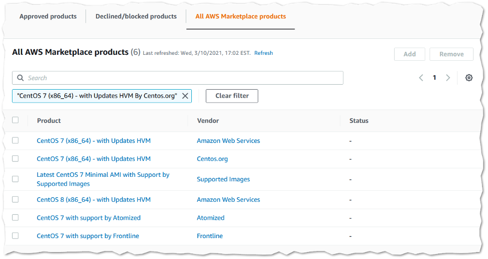 Screenshot of Private Marketplace products catalog with search bar