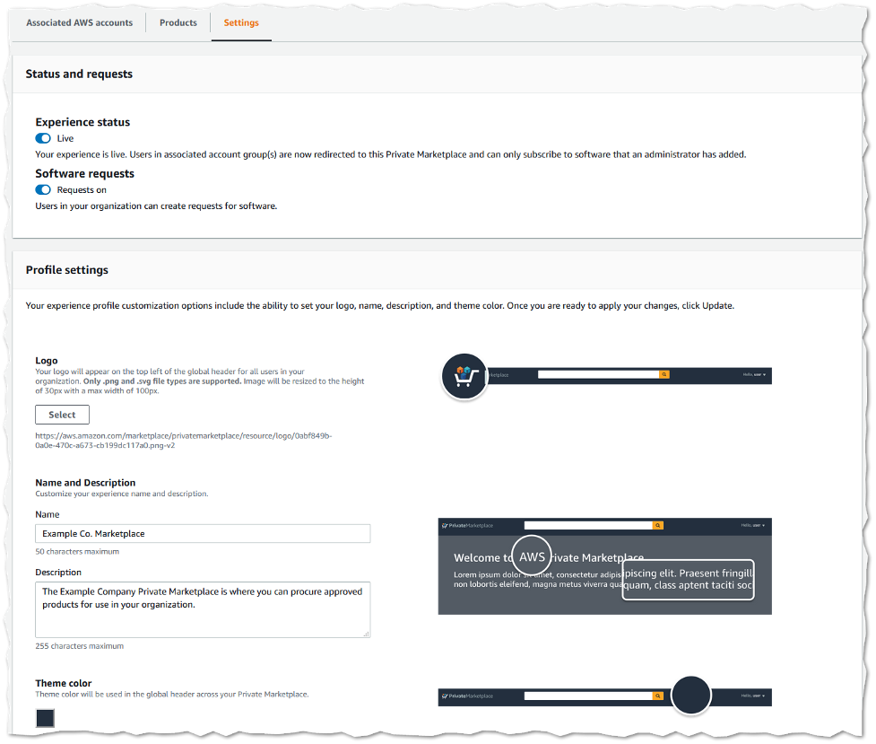 Screenshot of Private Marketplace experience settings. Includes ability to modify logo, name, an description of the Private Marketplace