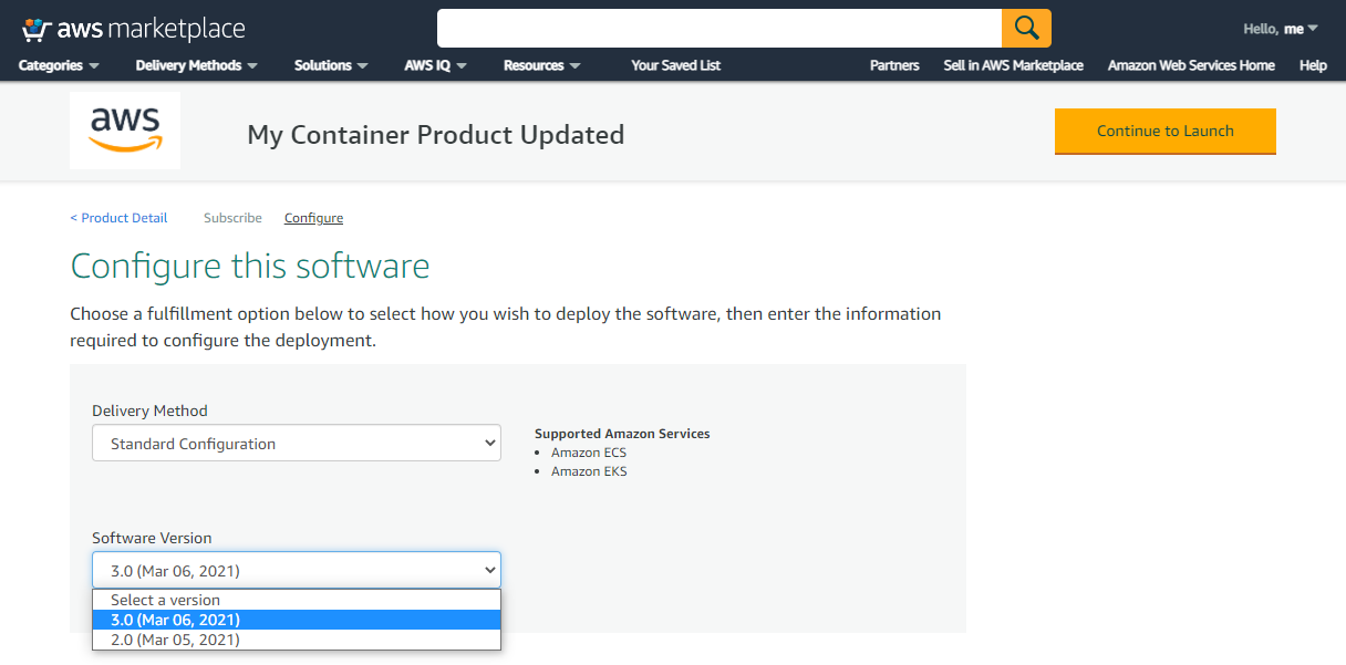 Screenshot shows example product configuration page in AWS Marketplace, with two available versions, 3.0 and 2.0, and their release dates.