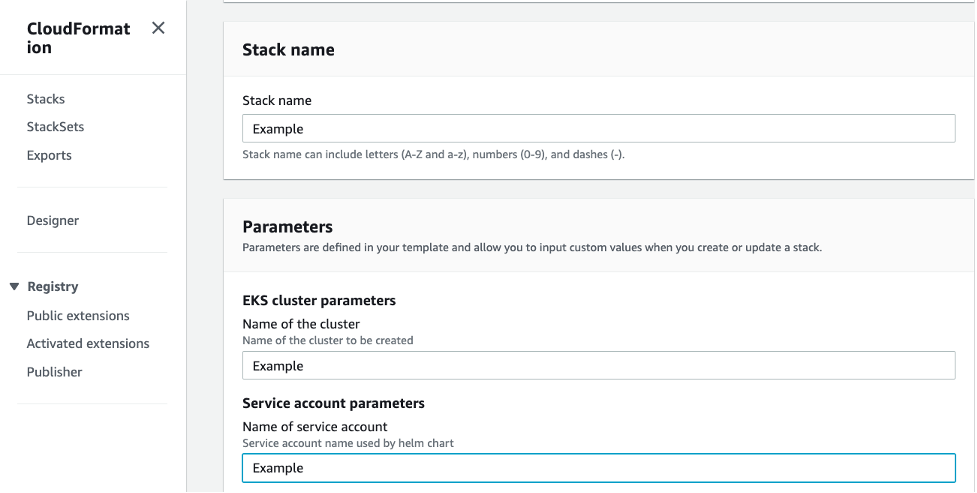 AWS Marketplace Specify stack details page screenshot for containers EKS
