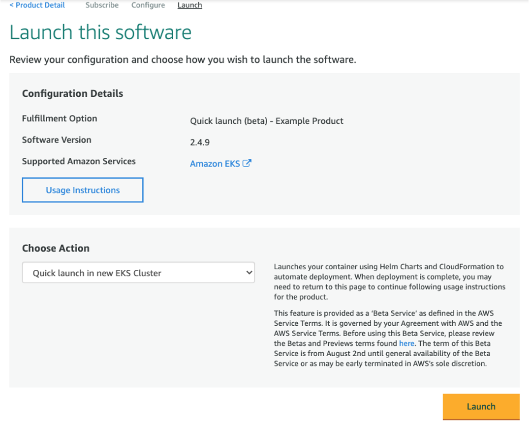 AWS Marketplace launch page with EKS selected under Choose Action