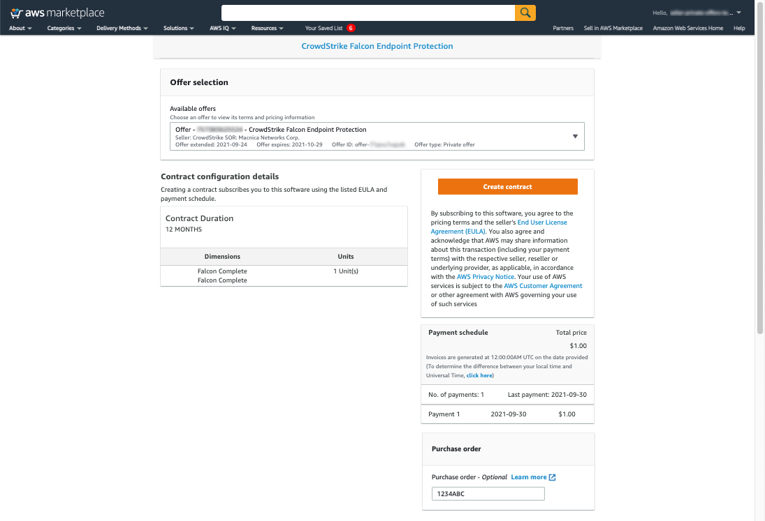 Private Offer subscription page with purchase order number